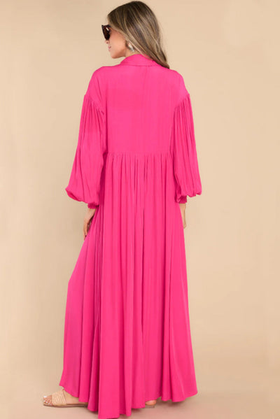 Rose Bubble Sleeve Shirt Maxi Dress-Dresses-MomFashion