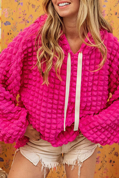 Rose Bubble Textured Waffle Hoodie-Tops-MomFashion