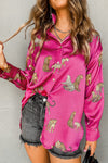 Rose Cheetah Animal Print Button Up Satin Shirt-Tops-MomFashion