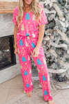 Rose Christmas Tree Print V Neck Tee and Pants Lounge Set-Loungewear & Sleepwear/Loungewear-MomFashion