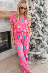 Rose Christmas Tree Print V Neck Tee and Pants Lounge Set-Loungewear & Sleepwear/Loungewear-MomFashion