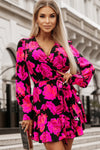 Rose Floral Print V Neck Wrap Bishop Sleeve Ruffle Tiered Mini Dress-Dresses-MomFashion