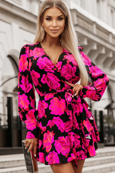 Rose Floral Print V Neck Wrap Bishop Sleeve Ruffle Tiered Mini Dress-Dresses-MomFashion