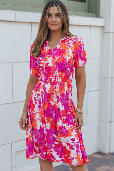 Rose Floral Smocked Waist Bubble Sleeve Flare Dress-Dresses-MomFashion