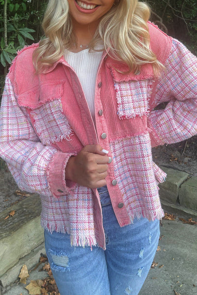 Rose Frayed Tweed Plaid Patchwork Buttoned Jacket-Outerwear-MomFashion