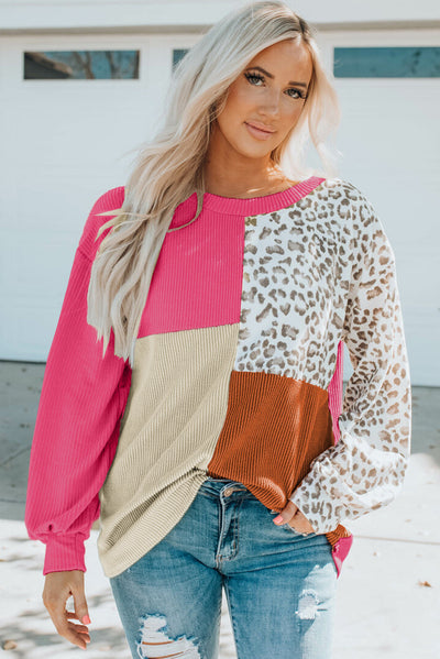 Rose Leopard Patchwork Color Block Ribbed Long Sleeve Top-Tops-MomFashion