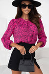 Rose Leopard Print Pleated Blouse with Keyhole-Tops-MomFashion