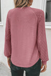 Rose Pink Contrast Lace Raglan Sleeve Plicate Round Neck Top-Tops-MomFashion