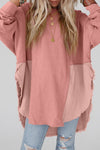 Rose Pink Crinkle Splicing Raw Hem High Low Oversized Blouse-Tops-MomFashion