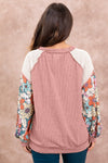 Rose Pink Floral Patchwork Puff Sleeve Textured Blouse-Tops-MomFashion