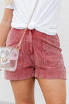 Rose Pink Vintage Mineral Wash Pockets Corduroy Shorts-Bottoms-MomFashion