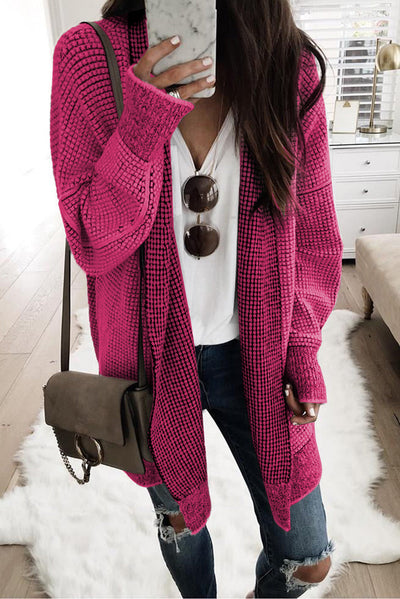 Rose Plaid Knitted Long Open Front Cardigan-Tops-MomFashion