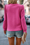 Rose Red Cable Textured Puff Sleeve Sweatshirt-Tops-MomFashion