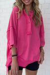 Rose Red Exposed Seam Button Neck Wide Sleeve Tunic Top-Tops-MomFashion