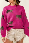 Rose Red Fierce Animal Pattern Casual Knitted Sweater-Tops-MomFashion