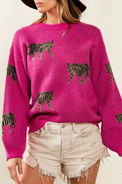 Rose Red Fierce Animal Pattern Casual Knitted Sweater-Tops-MomFashion