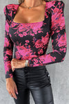 Rose Red Floral Print Shoulder Pad Long Sleeve Square Neck Top-Tops-MomFashion