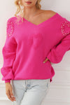 Rose Red Pearl Embellished Fuzzy Hearts V Neck Sweater-Tops-MomFashion