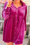 Rose Red Plus Velvet Button Up Long Sleeve Babydoll Dress-Plus Size-MomFashion