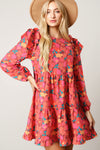 Rose Red Ruffle Shoulder Long Sleeve Floral Mini Dress-Dresses-MomFashion