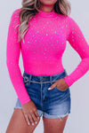 Rose Rhinestone Mesh Long Sleeve Bodysuit-Tops-MomFashion