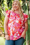 Rose Ruffle Tiered Sleeve Frill Neck Floral Plus Size Blouse-Plus Size-MomFashion