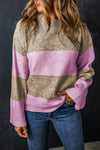 Rose Stripe Crew Neck Wide Sleeve Colorblock Sweater-Tops-MomFashion