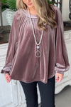 Rose Tan Button Keyhole Back Velvet Swing Top-Tops-MomFashion