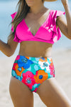 Rose V Neck Ruffles Floral Print High Waist Bikini-Swimwear-MomFashion