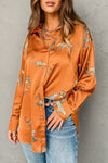 Russet Orange Cheetah Animal Print Button Up Satin Shirt-Tops-MomFashion