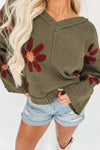 Sage Green Flower Knit Ribbed Trim V Neck Sweater-Tops-MomFashion