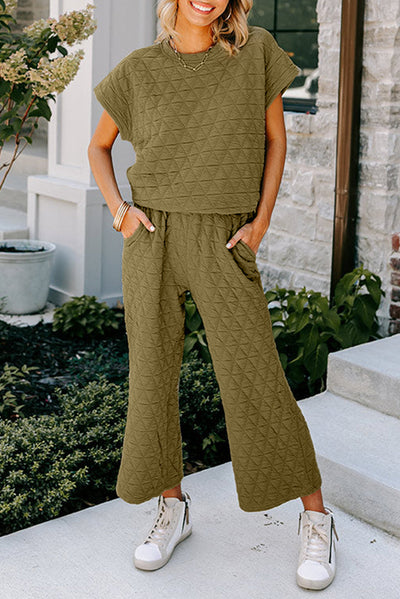 Sage Green Quilted Short Sleeve Wide Leg Pants Set-Loungewear-MomFashion