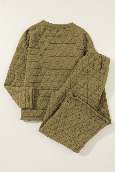 Sage Green Solid Quilted Pullover and Pants Outfit-Loungewear-MomFashion