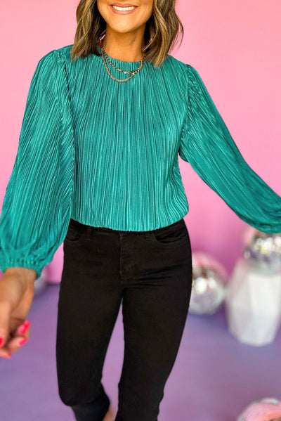 Sea Green Pleated Luster Long Sleeve Top-Tops-MomFashion