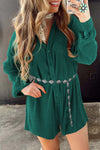 Sea Green Ribbed Long Sleeve Button Front Romper-Bottoms-MomFashion