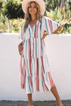 Serape Striped V Neck Buttoned Shirt Dress-Dresses-MomFashion