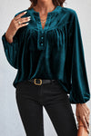 Skobeloff Lantern Sleeve Beaded Split V Neck Velvet Top-Tops-MomFashion