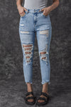 Sky Blue Acid Wash Distressed Slim Fit Jeans-Bottoms-MomFashion