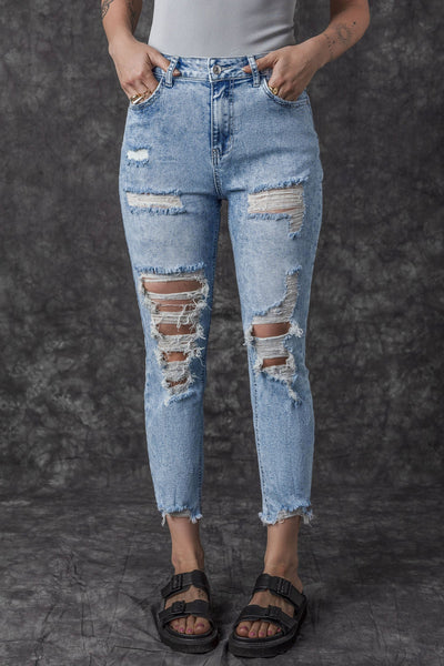 Sky Blue Acid Wash Distressed Slim Fit Jeans-Bottoms-MomFashion