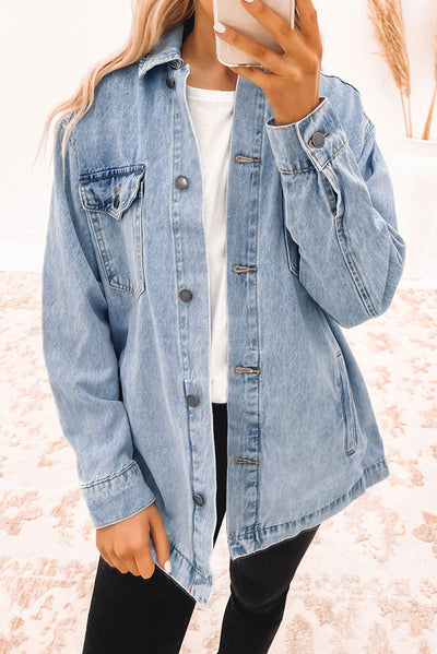 Sky Blue Acid Wash Flap Pocket Boyfriend Shacket-Outerwear-MomFashion