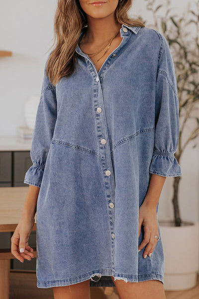 Sky Blue Buttoned Long Sleeve Denim Mini Dress-Dresses-MomFashion