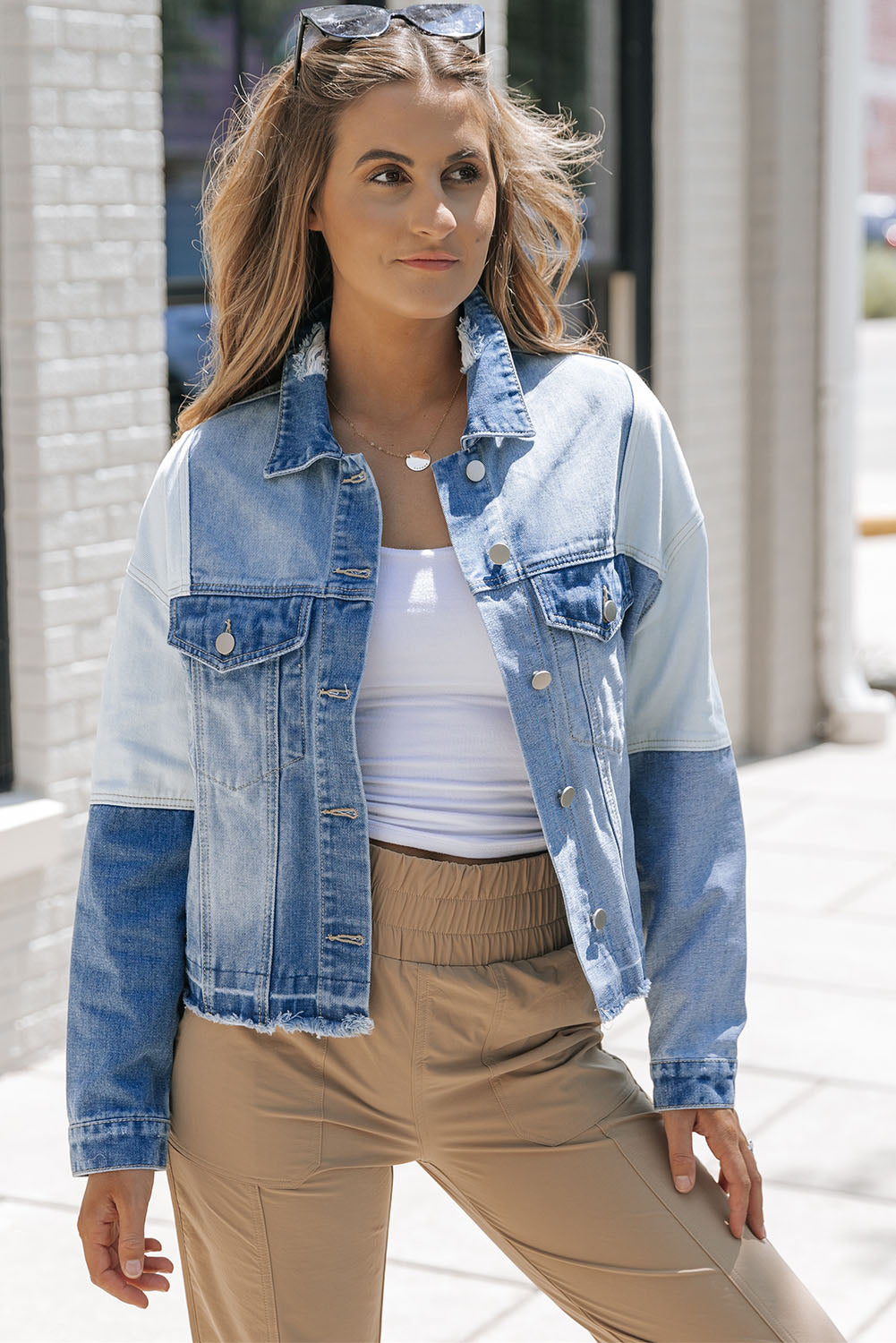 Sky Blue Color Block Denim Patchwork Frayed Hem Jacket-Outerwear-MomFashion