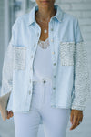 Sky Blue Contrast Leopard Denim Jacket-Outerwear-MomFashion