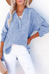 Sky Blue Crinkle Textured Loose Henley Top-Tops-MomFashion