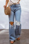 Sky Blue Destroyed Open Knee Wide Leg Jeans-Bottoms-MomFashion