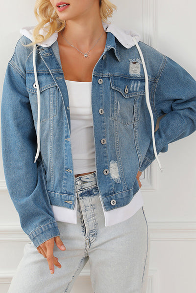 Sky Blue Distressed Contrast Hooded Denim Jacket with Pockets-Outerwear-MomFashion