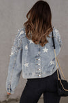 Sky Blue Distressed Pearls Star Cropped Denim Jacket-Outerwear-MomFashion