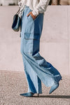 Sky Blue Drawstring High Waist Cargo Pocket Wide Leg Jeans-Bottoms-MomFashion