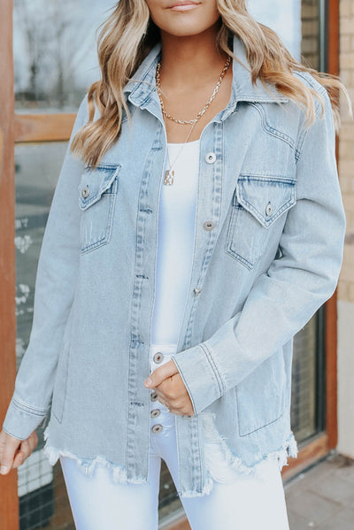 Sky Blue Flap Pocket Buttoned Raw Hem Denim Jacket-Outerwear-MomFashion