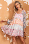 Sky Blue Floral Colorblock Tiered Puff Sleeve Dress-Dresses-MomFashion